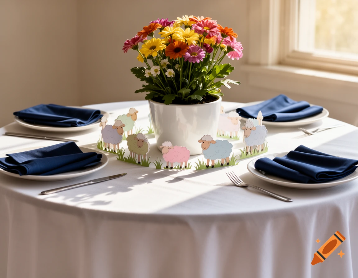 A festive table set with dark blue napkins, a pot of colorful flowers, and pastel paper sheep figurines on a white tablecloth, illuminated by natural light.
