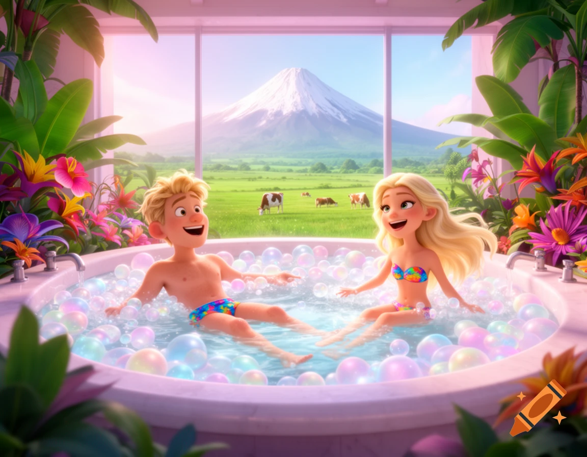 A blonde cartoon couple in swimsuits floats in a bubbly jacuzzi, tropical plants surround them, a snowy mountain and cows are outside. Pixar.