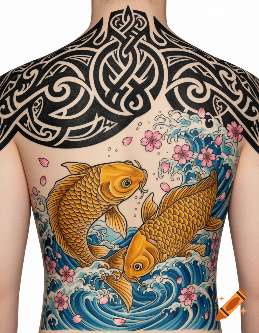 A human back with black Māori tribal tattoos on the upper half and colorful Japanese koi fish, waves, and cherry blossoms on the lower half.