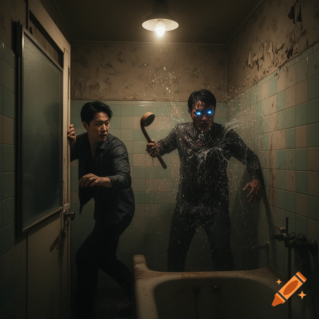 Two men in a dark, dilapidated bathroom; one with glowing blue eyes attacks with a ladle while splashing water, the other peeks from a door.