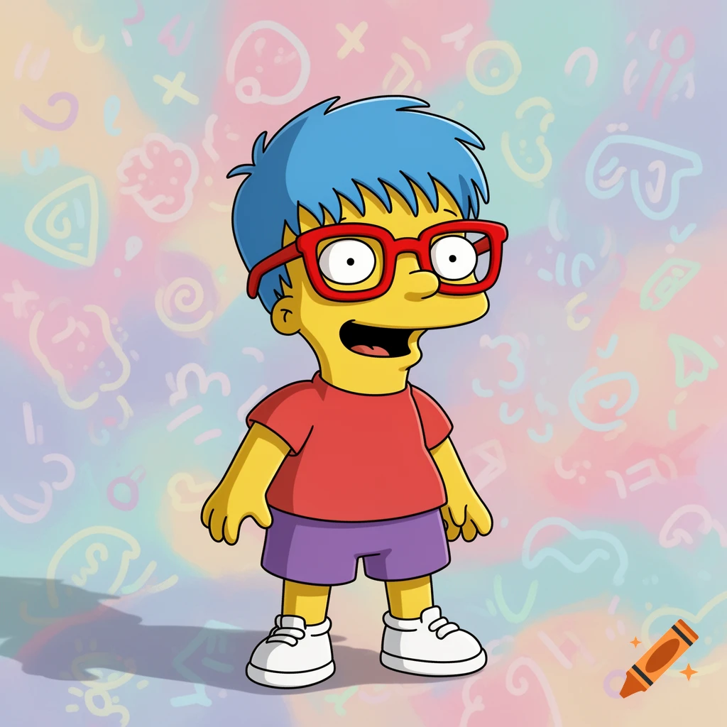 Cartoon boy with yellow skin, blue hair, red glasses, red shirt, and purple shorts on a colorful abstract background.