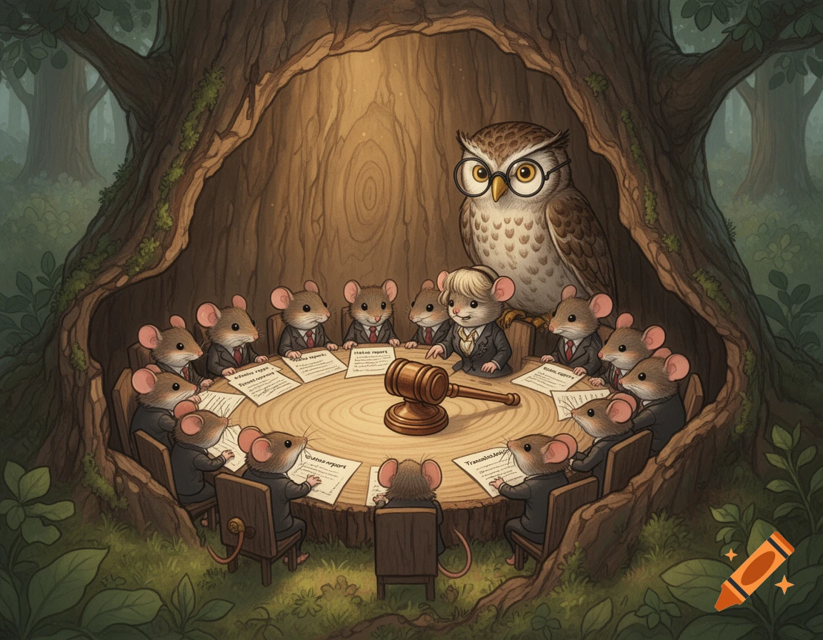 A whimsical storybook illustration of an owl and mice in miniature suits holding a meeting around a wooden table inside a hollow tree.