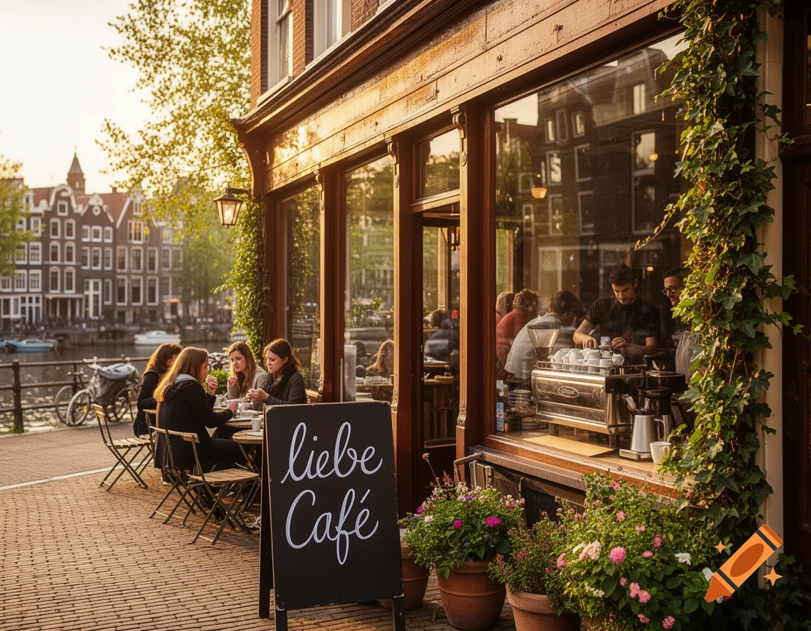 A charming cafe with outdoor seating and a chalkboard sign, nestled along a canal in Amsterdam with people dining outside at sunset.