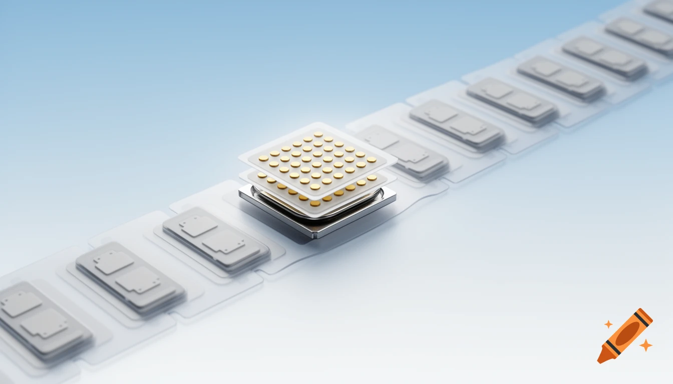 A 3D render of a continuous roll-to-roll flexible hybrid electronics platform with a layered sensor and gold electrodes.