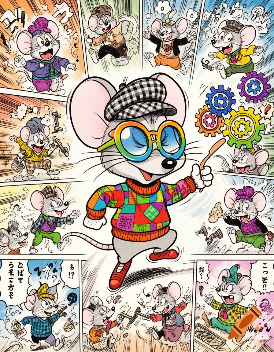 Multi-panel gag manga comic featuring a central mouse in a checkered hat and rainbow sweater, surrounded by smaller, frantic mice and gears.