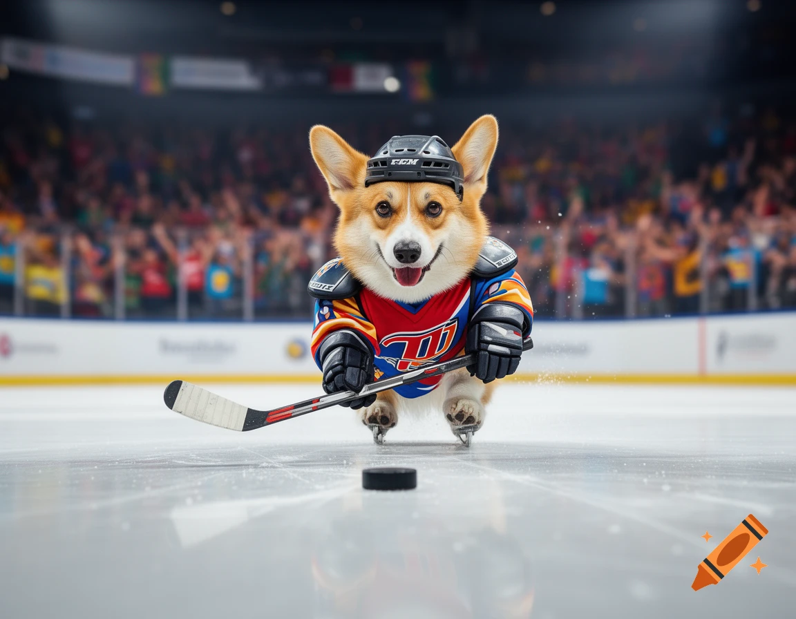 A photorealistic corgi in full hockey gear skates on an ice rink, holding a stick and puck, with a cheering crowd.