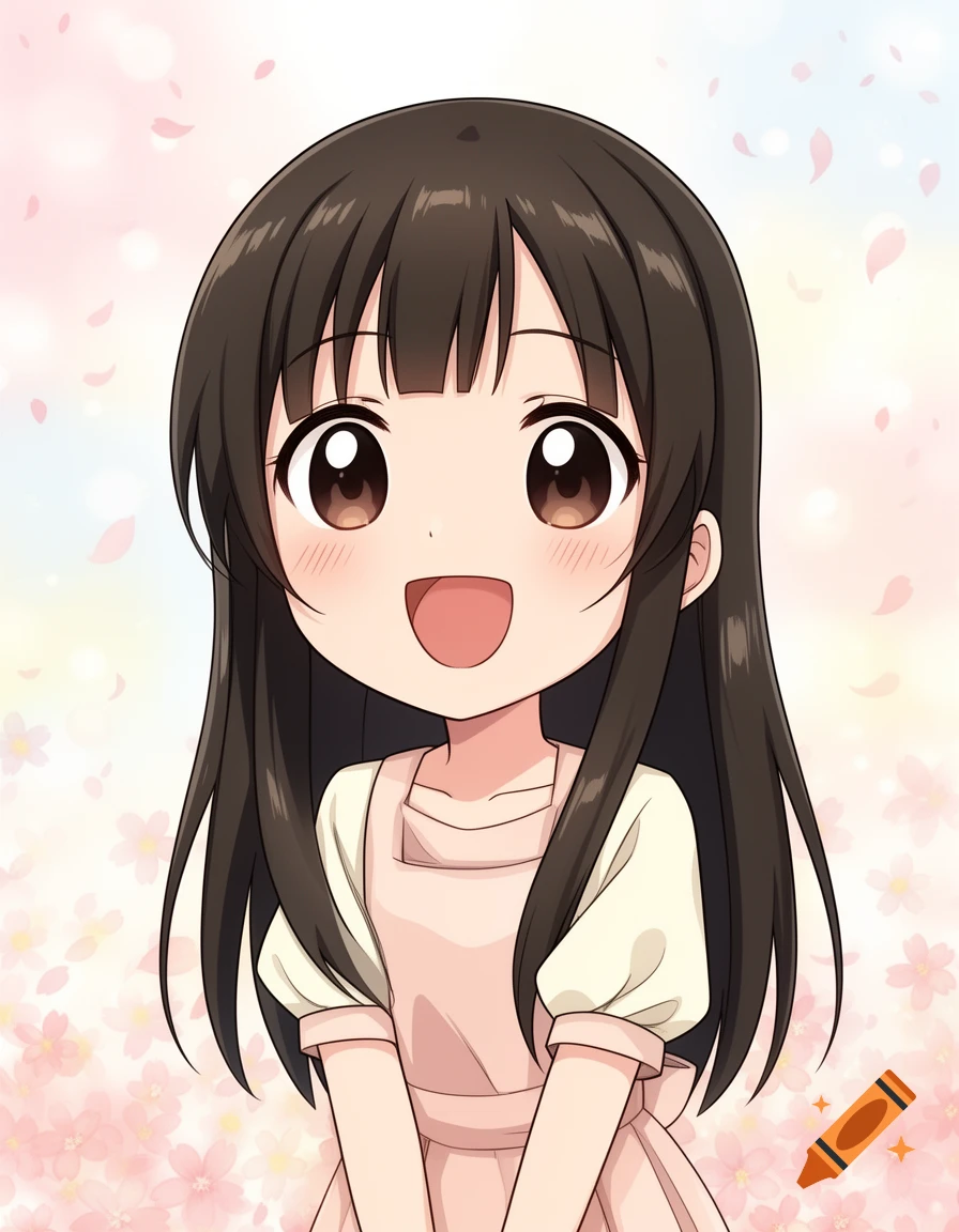 A cartoon anime girl with long dark brown hair and wide eyes, smiling with an open mouth, wearing a pink apron dress against a light pink cherry blossom background.