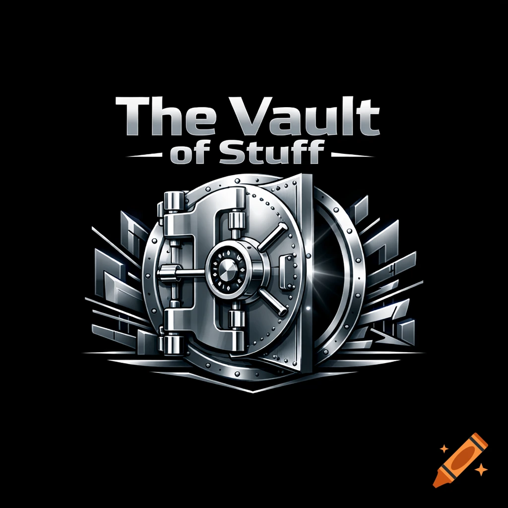 A metallic silver logo for 'The Vault of Stuff' featuring a stylized, partially open vault door with a circular mechanism.