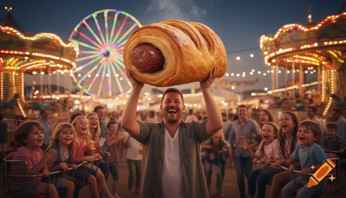 A man holds a giant sausage roll over his head at a lively night festival, with smiling children on fairground rides in the foreground.