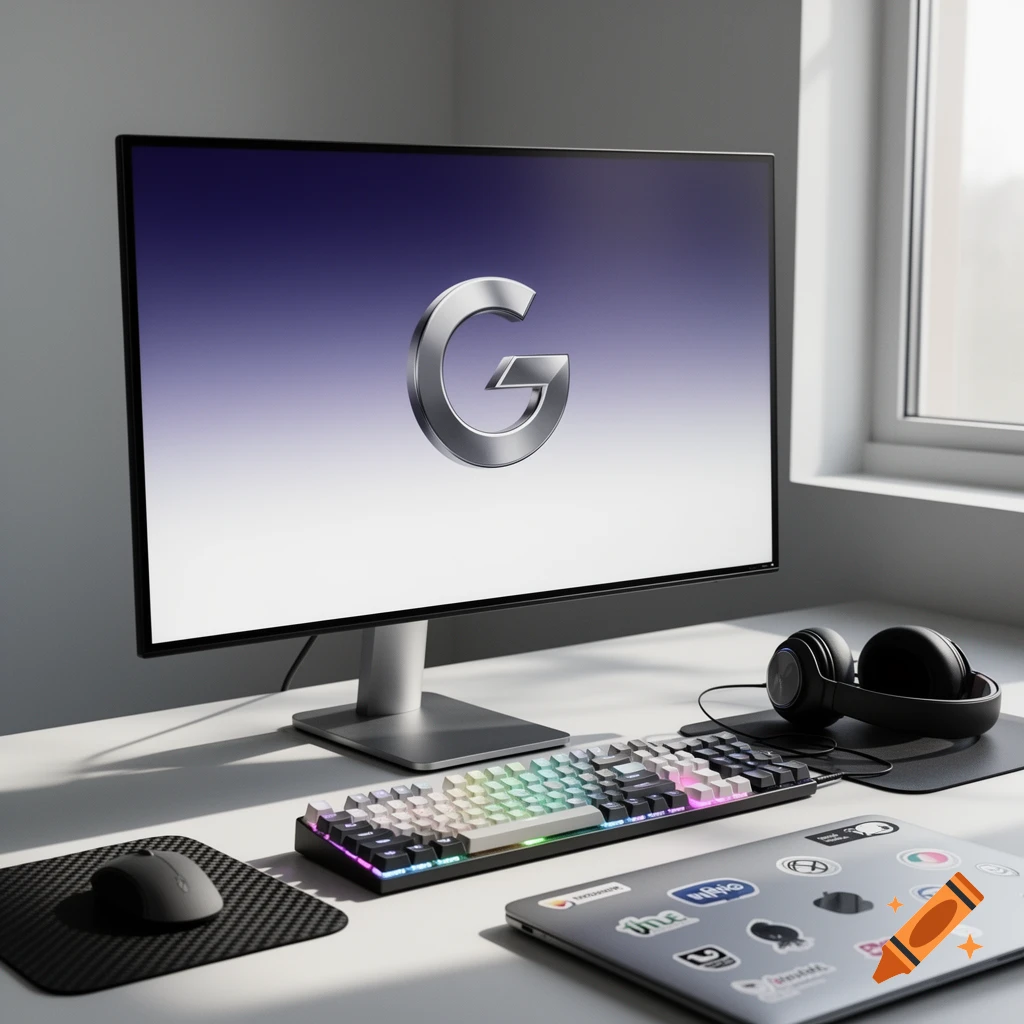 A photorealistic computer desk setup with a monitor displaying a metallic 'G' logo, a rainbow-lit mechanical keyboard, mouse, headphones, and a sticker-covered laptop.