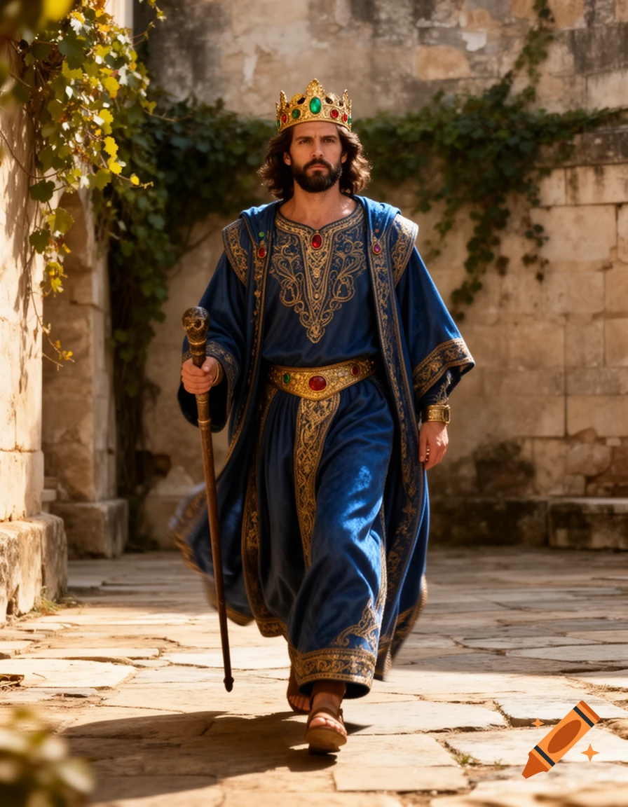 A bearded man in a golden crown and ornate blue and gold robes walks down an old stone path, holding a staff.