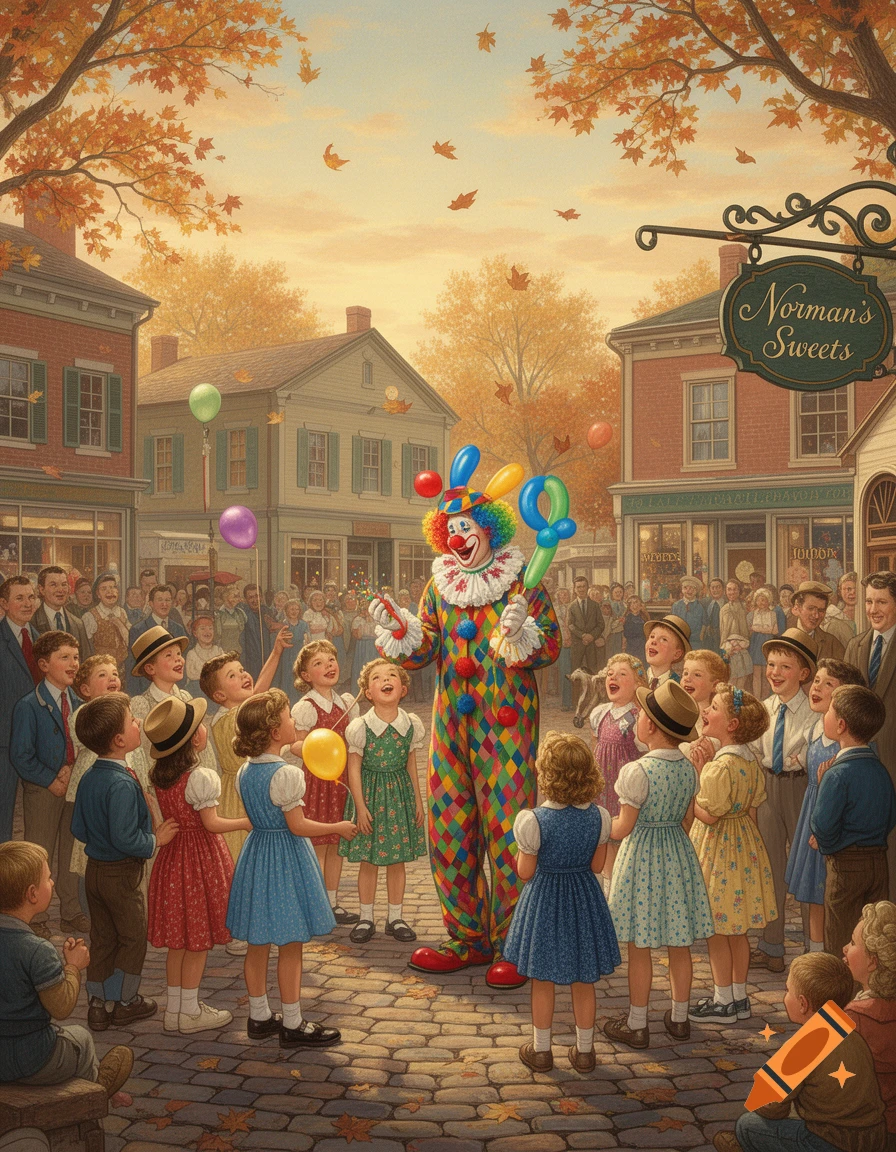 A clown entertains children in a festive autumn town square with buildings and colorful foliage, in a Norman Rockwell style.
