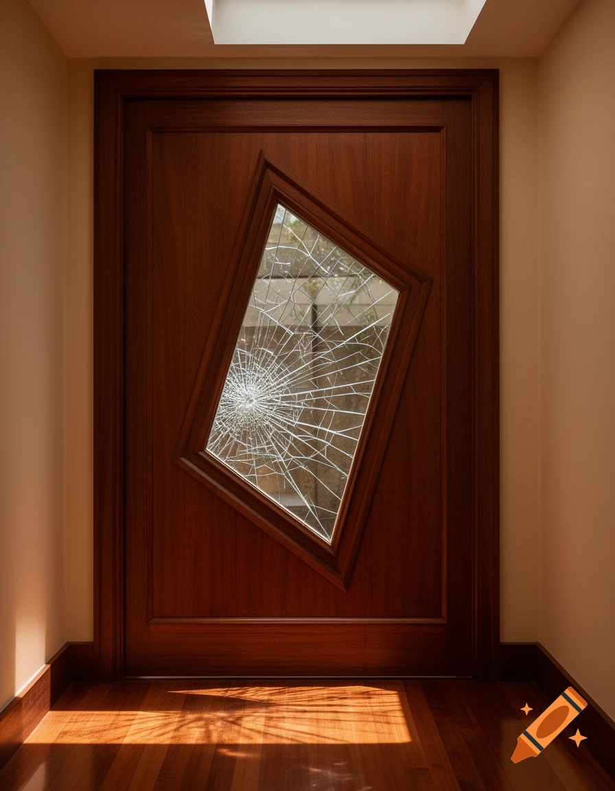 A photorealistic wooden door with a shattered parallelogram-shaped glass pane, reflecting sunlight on a wooden floor.