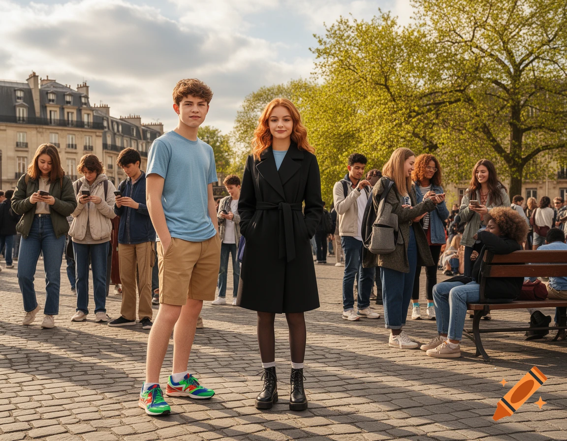 A teenage boy and girl stand in a sunny, paved public square, with other young people and city buildings in the background.