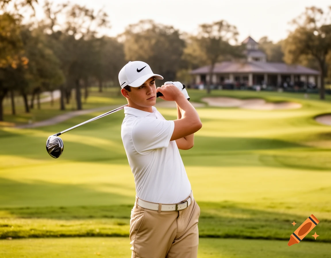 A young man in a white polo, tan pants, and a white Nike cap swings a golf club on a green course.
