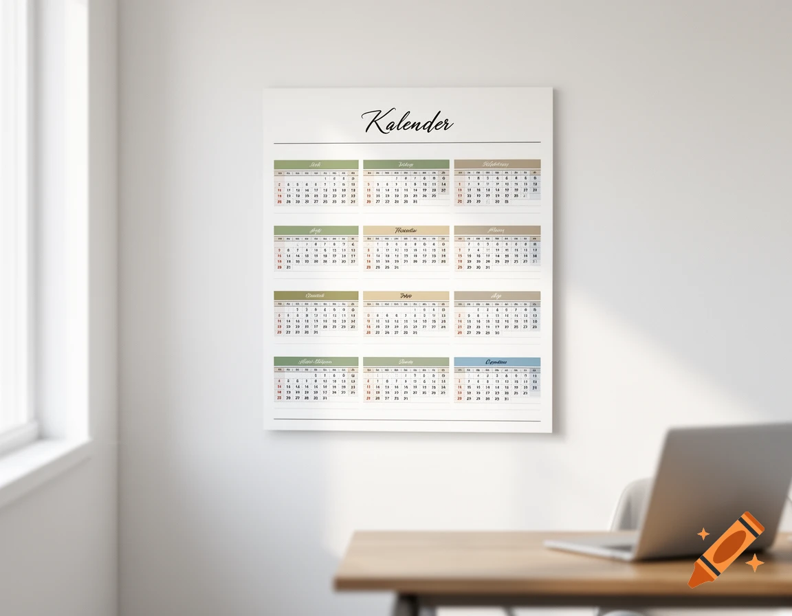 A white calendar hangs on a white wall above a wooden desk with a laptop, next to a window.