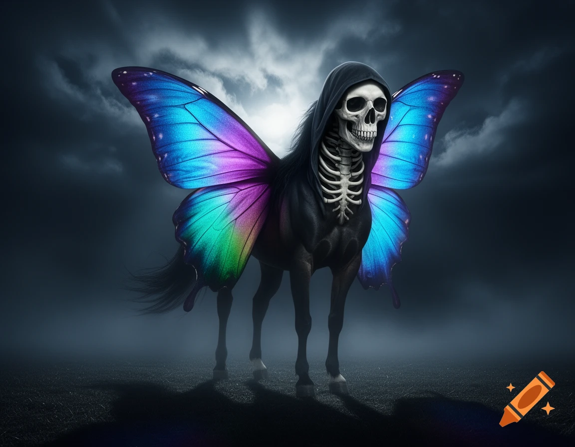 A grim reaper skull on a black horse body with large, colorful butterfly wings stands in a dark, misty landscape with stormy skies.