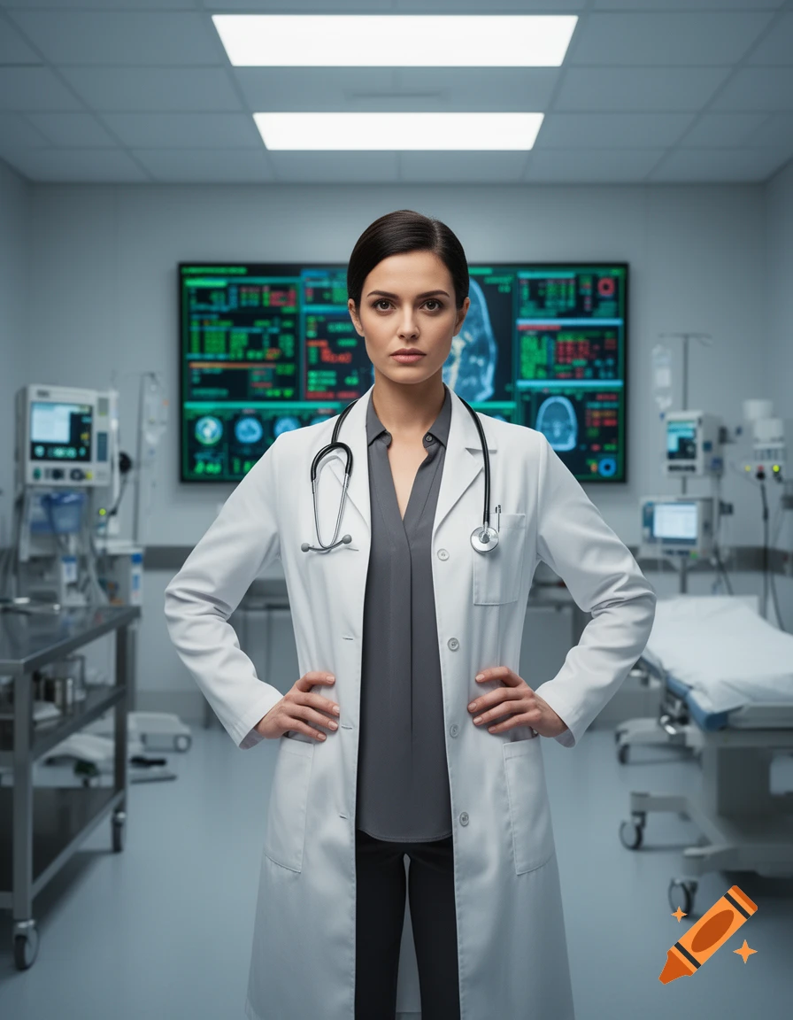 A confident female doctor in a white lab coat and stethoscope stands with hands on hips in a modern hospital room.