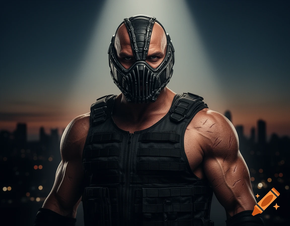 A muscular, bald man in a black Bane-like mask and tactical vest stands against a city skyline at dusk, illuminated by a spotlight.