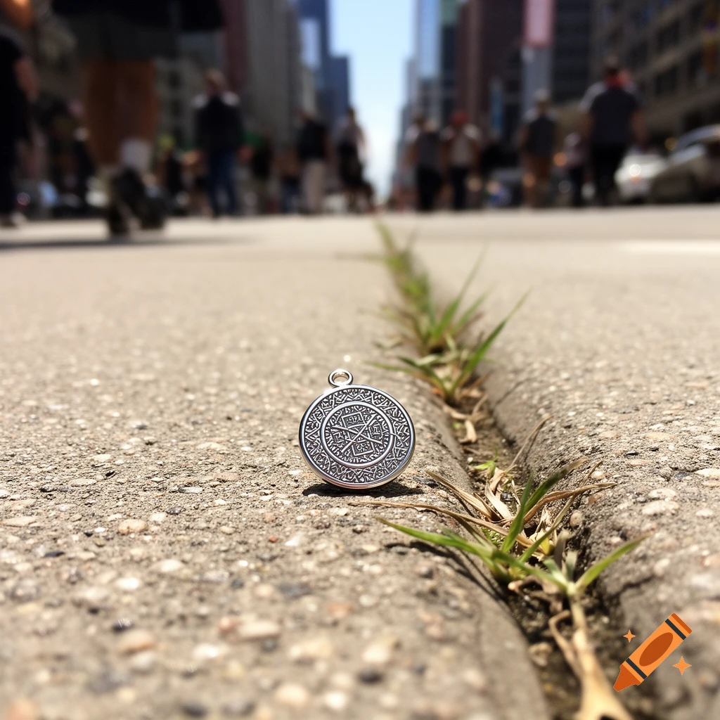 A close-up of a silver amulet lying on a concrete sidewalk crack with grass, blurred city street and pedestrians in the background.
