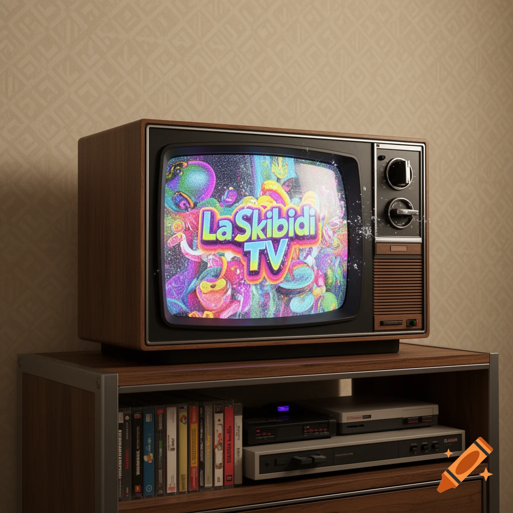 A vintage wooden television set displays 'LaSkibidi TV' on its colorful, abstract screen, sitting on a media console with tapes.