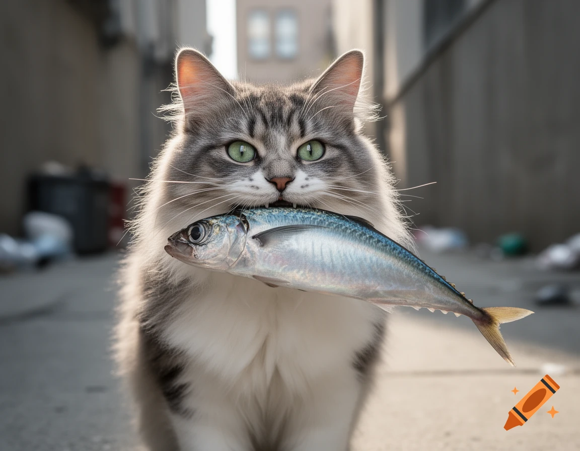 A fluffy grey and white cat with bright green eyes holds a large silver fish in its mouth, looking directly at the viewer in an urban alleyway.