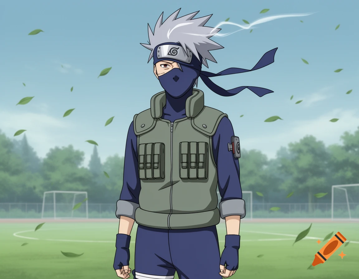 Anime character Kakashi Hatake stands in a field with green leaves blowing.