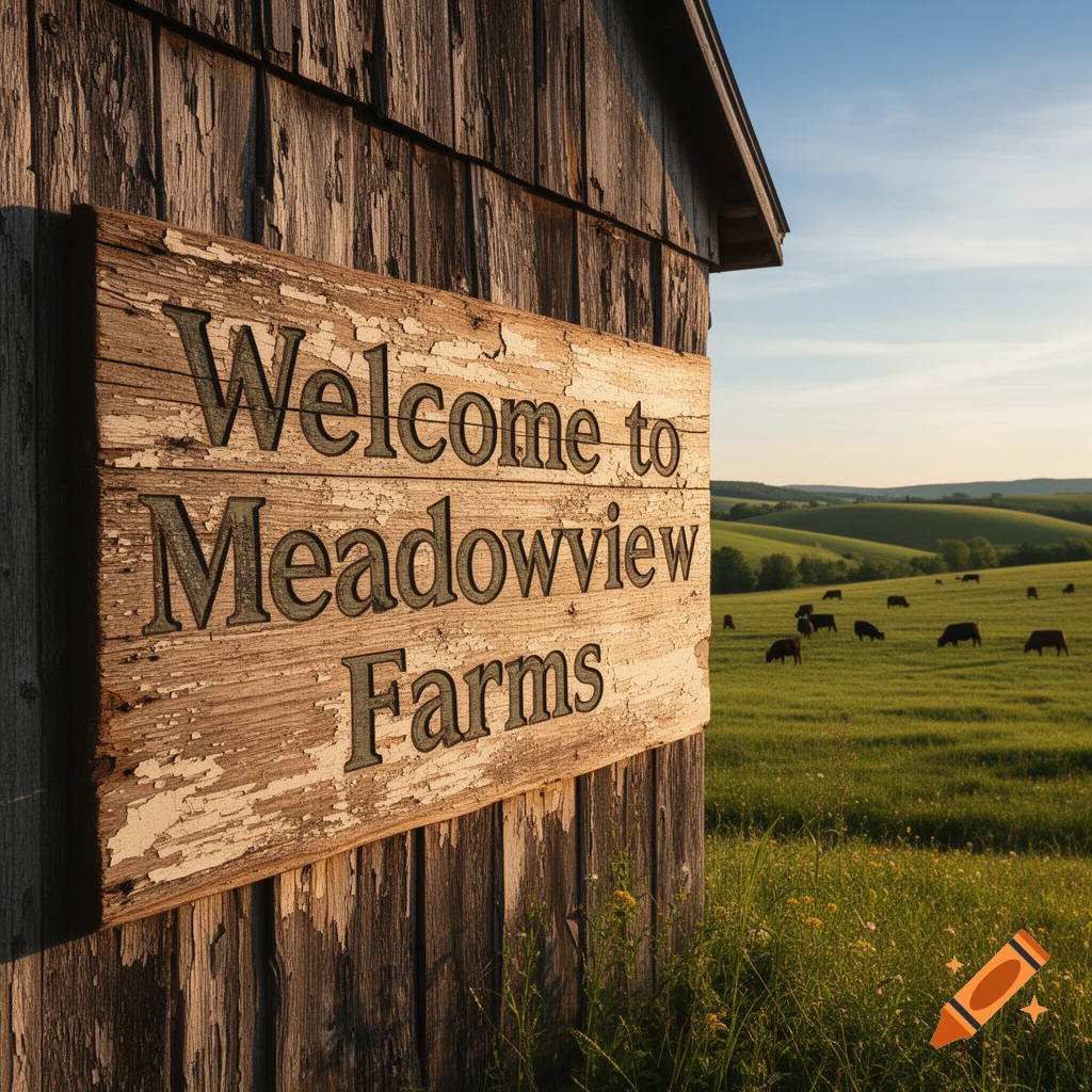 A weathered wooden sign on a barn reads "Welcome to Meadowview Farms," overlooking a pastoral landscape with green rolling hills and grazing cattle.