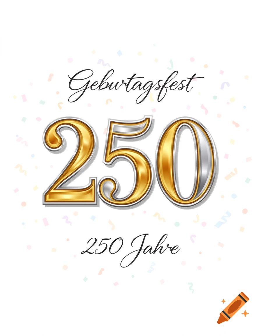 A white celebratory illustration with gold and silver '250', 'Geburtagsfest' at the top, and '250 Jahre' at the bottom, surrounded by colorful confetti.