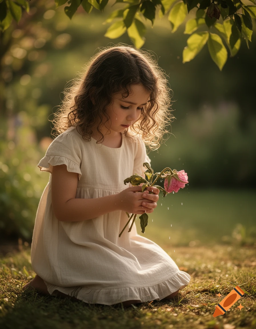 A young girl with curly hair kneels in a sunlit garden, looking sadly at a wilting pink flower with a tear on her cheek, in a soft, photorealistic style.