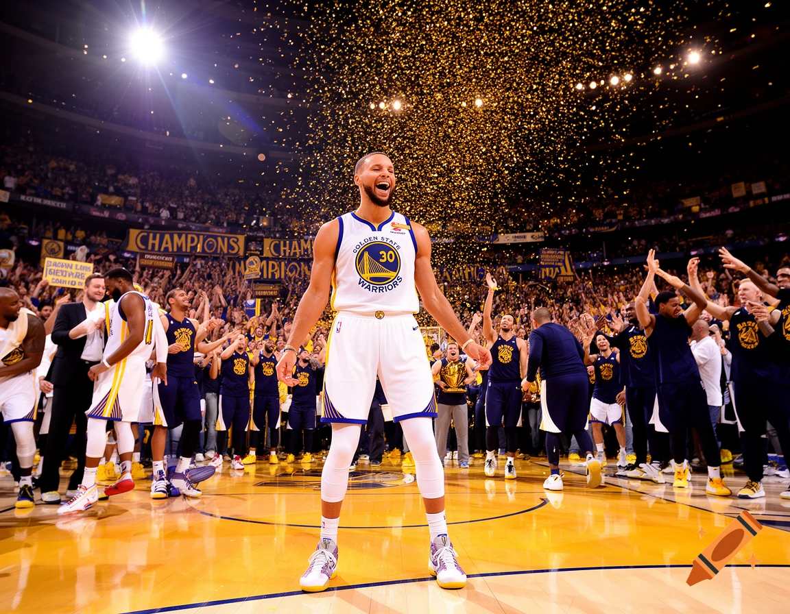 Stephen Curry in a Golden State Warriors jersey celebrates on a basketball court under a shower of golden confetti in a packed arena.