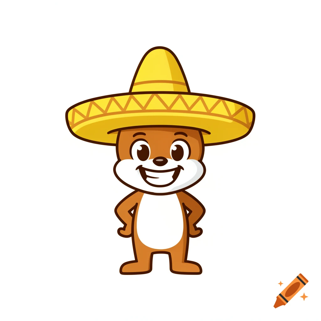 A cartoon brown beaver-like animal with a wide smile wears a large yellow sombrero, standing with hands on hips.