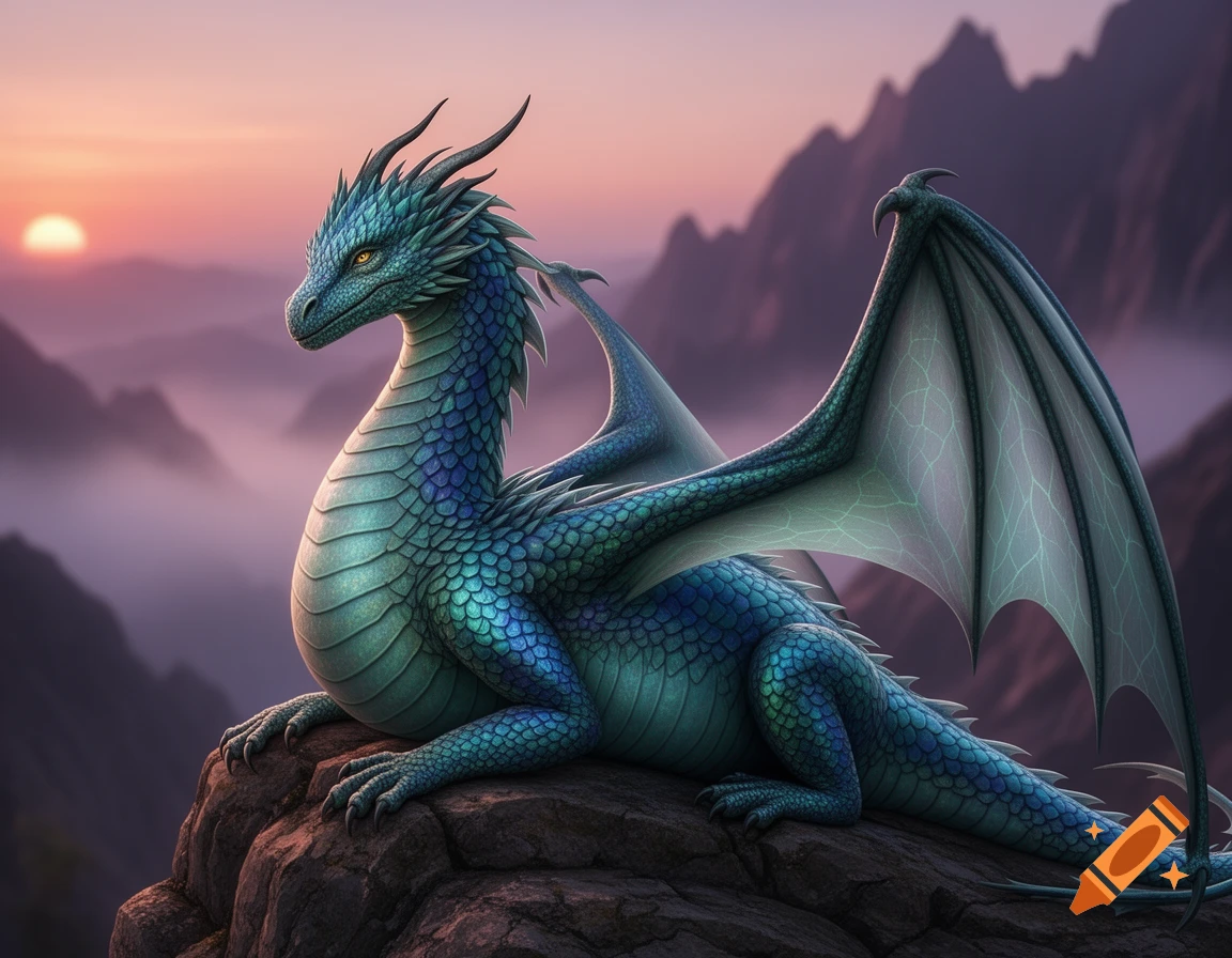 A majestic blue-green dragon with large wings rests on a rocky mountain peak at sunset, overlooking a misty valley.