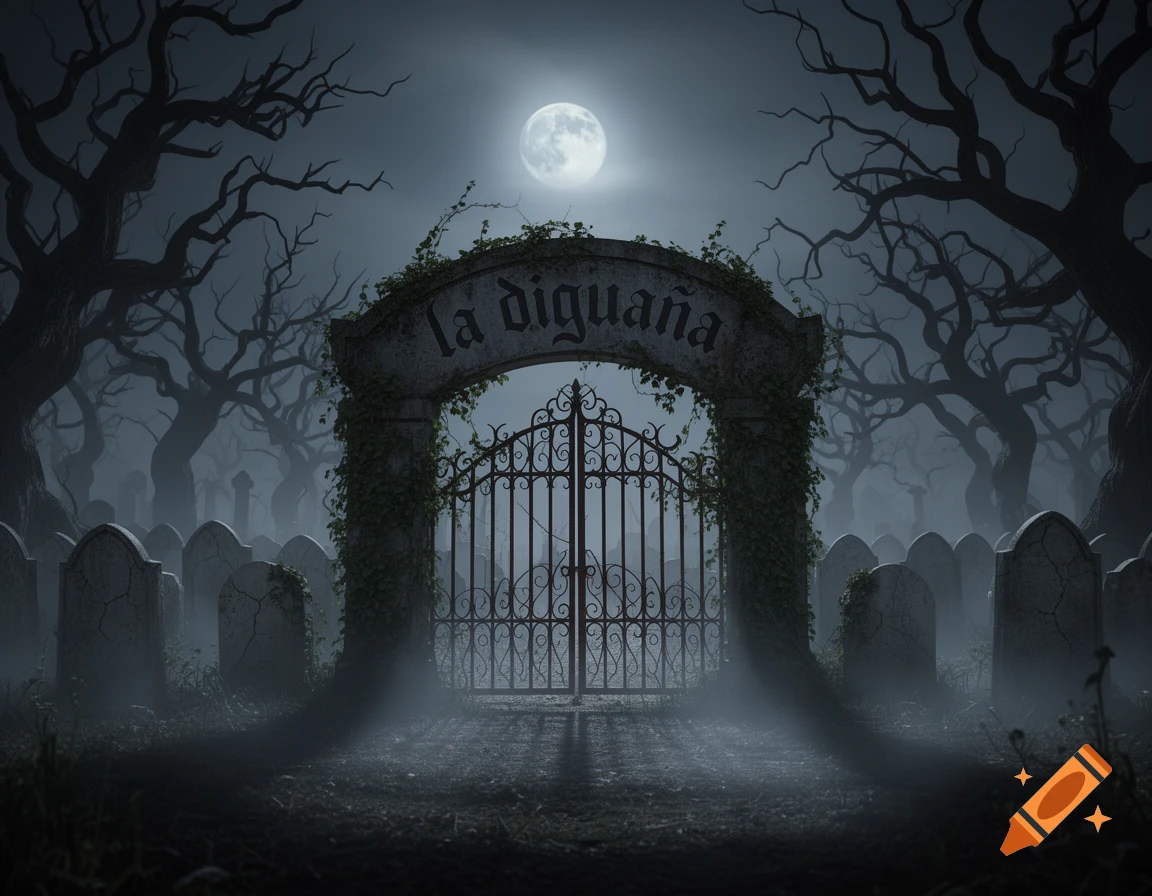 Spooky graveyard at night with a full moon, skeletal trees, and an arched gate reading 'LA DIGUAÑA' leading to tombstones, shrouded in mist.