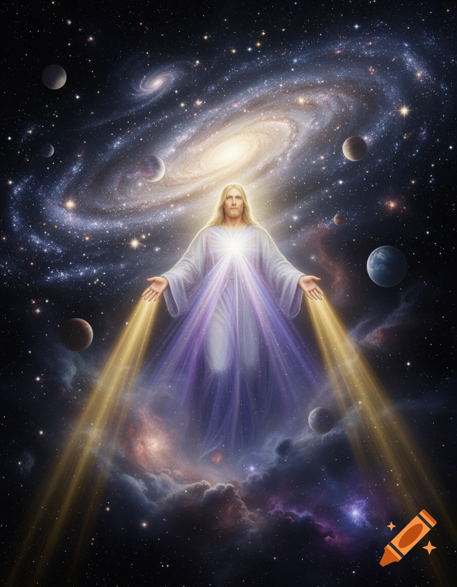 A glowing, robed figure resembling Jesus stands with outstretched hands in a cosmic scene of swirling galaxies and planets.