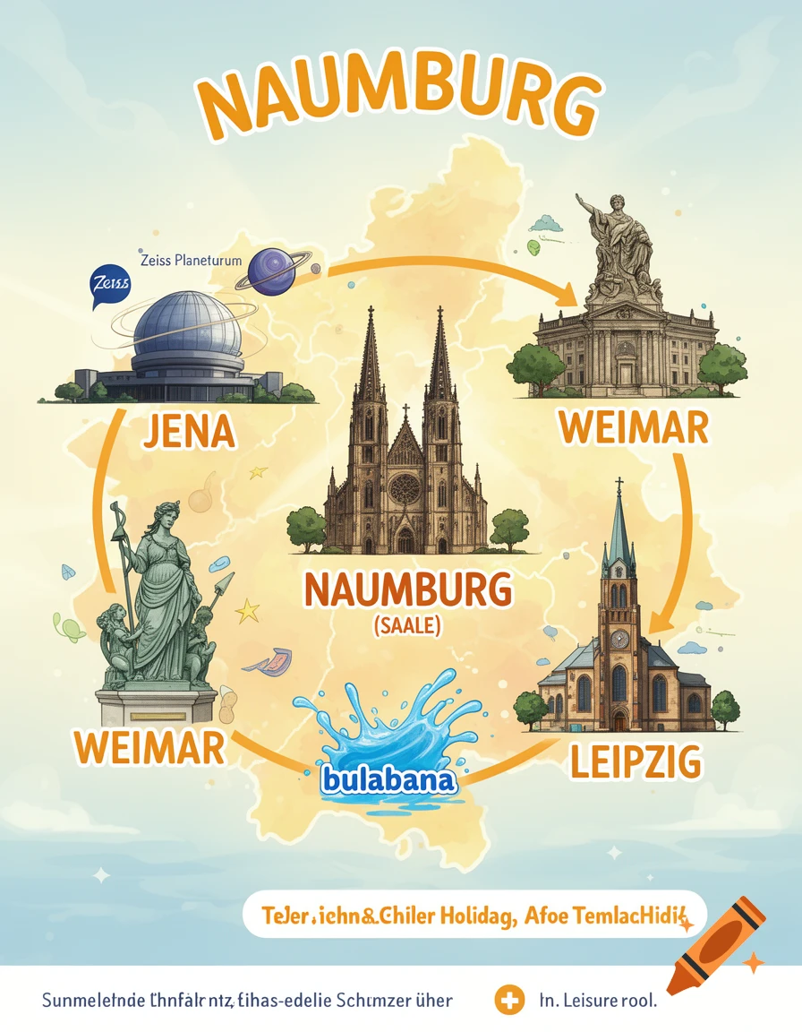 An illustrated map showing Naumburg (Saale) at the center, surrounded by Jena, Weimar, and Leipzig, with landmarks and a travel route.