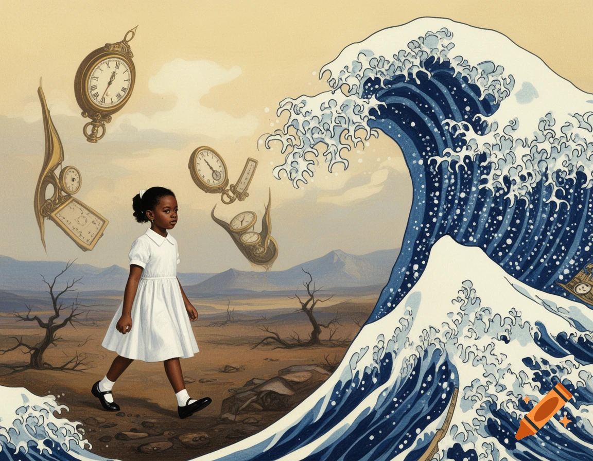 A young Black girl in a white dress walks across a barren landscape with melting clocks floating in the sky and a large Hokusai-style wave on the right.