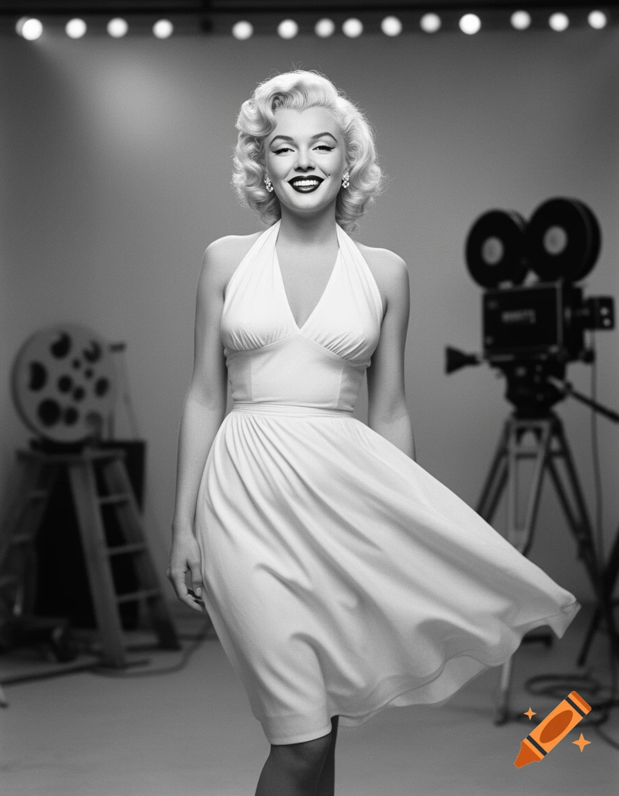 Black and white photo of Marilyn Monroe in a white halter dress, smiling in a film studio with vintage equipment.