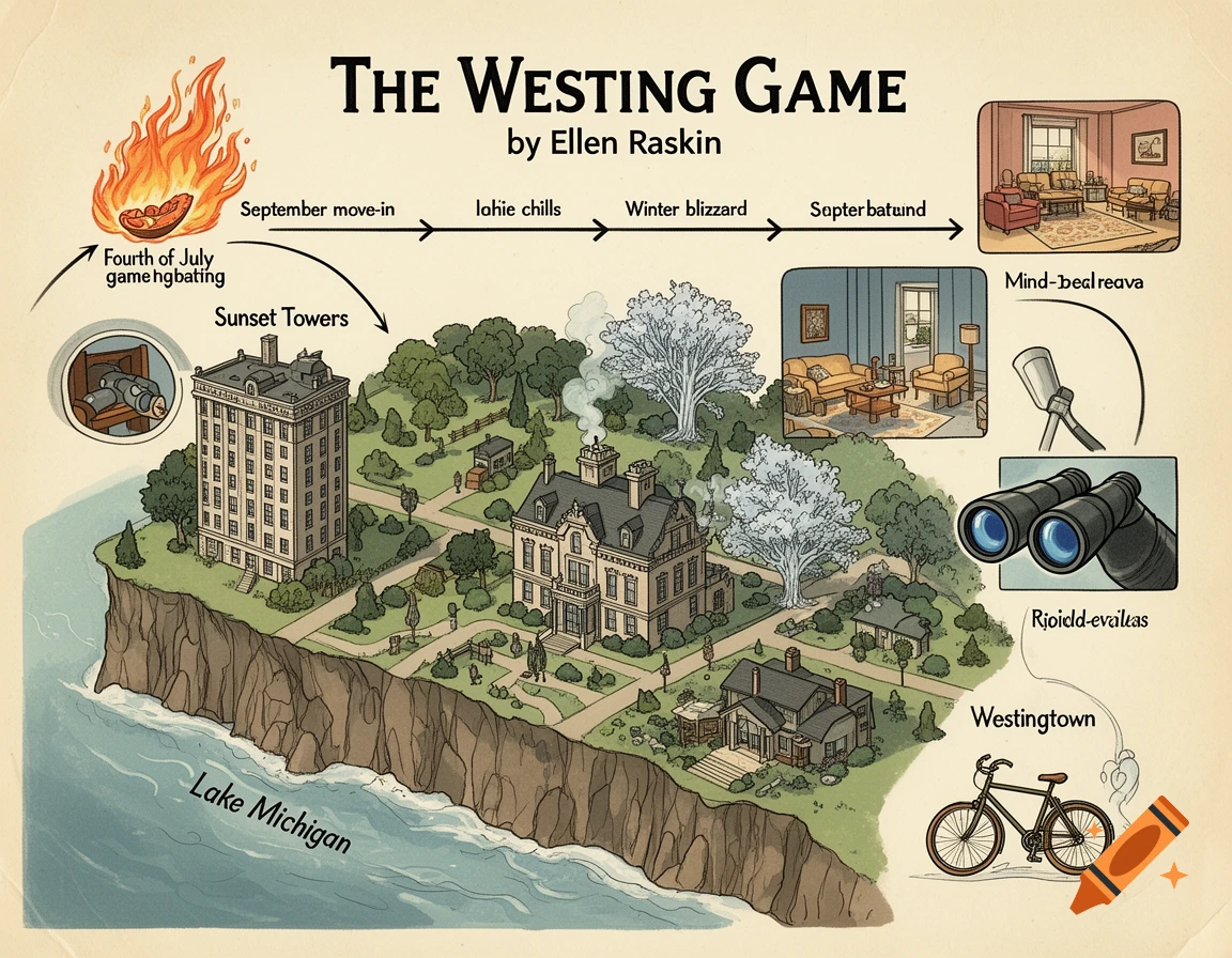 Illustrated map and timeline of "The Westing Game" showing Sunset Towers, Westing House, and Lake Michigan, with various garbled text labels.