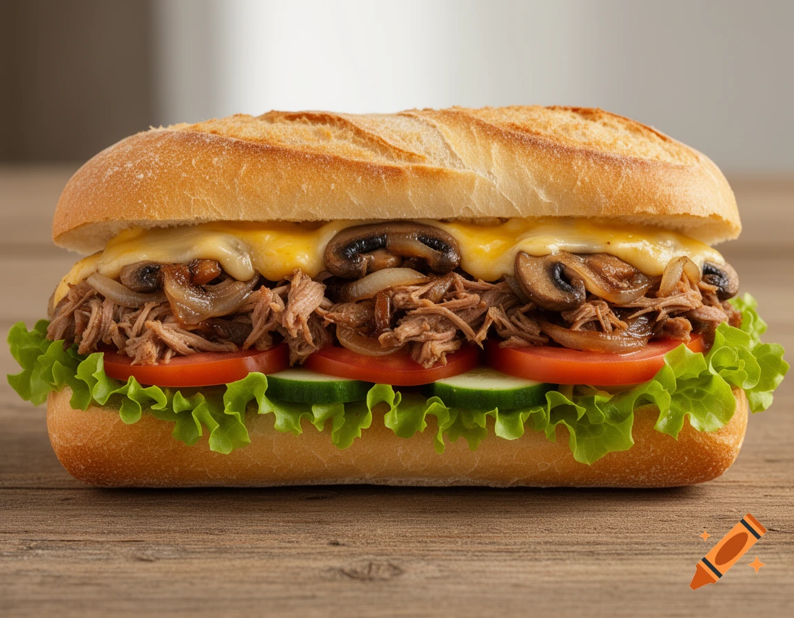 A photorealistic baguette sandwich with pulled pork, melted cheese, mushrooms, onions, tomatoes, cucumbers, and lettuce on a wooden surface.