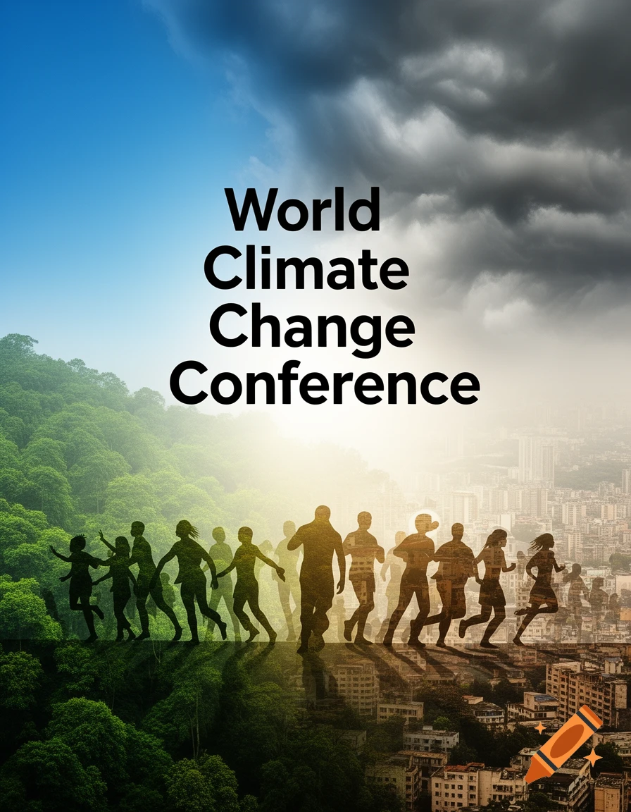 Poster for World Climate Change Conference with silhouettes of people on a transition from green forest to city under a split sky.