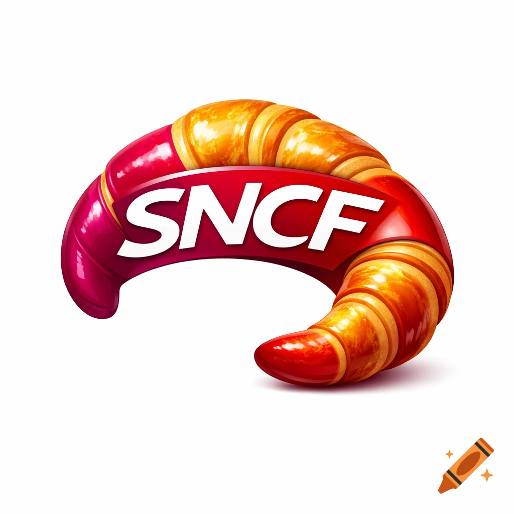 A glossy illustration of a croissant with a red ribbon wrapped around it, bearing the white text 'SNCF'.