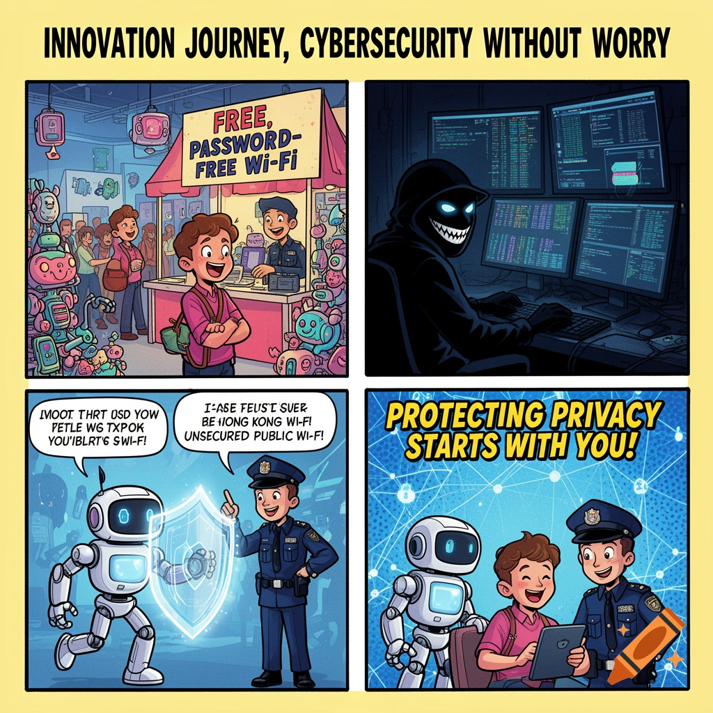 A four-panel pop art comic about cybersecurity. Panels show a boy using free Wi-Fi, a hacker, a robot and police warning about public Wi-Fi, and the boy safely using technology.