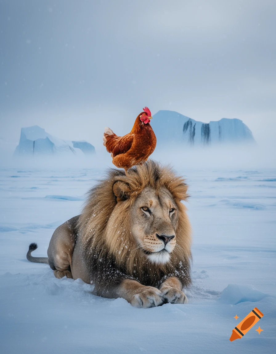 A photorealistic brown chicken stands on the head of a male lion, both in a snowy arctic landscape with icebergs.