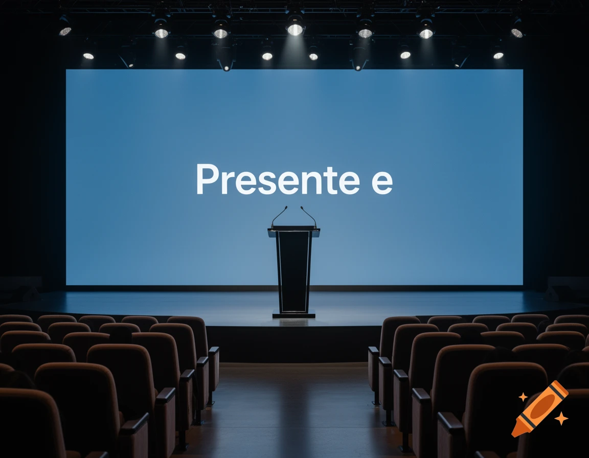 View from the back of a dark auditorium towards a stage with a podium and a large blue screen displaying "Presente e".
