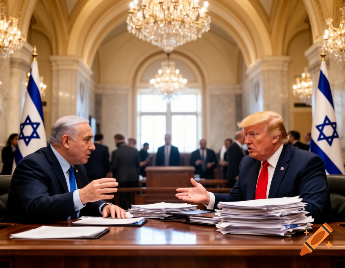 Benjamin Netanyahu and Donald Trump sit at a large desk, gesturing during a formal meeting, with Israeli flags in background.