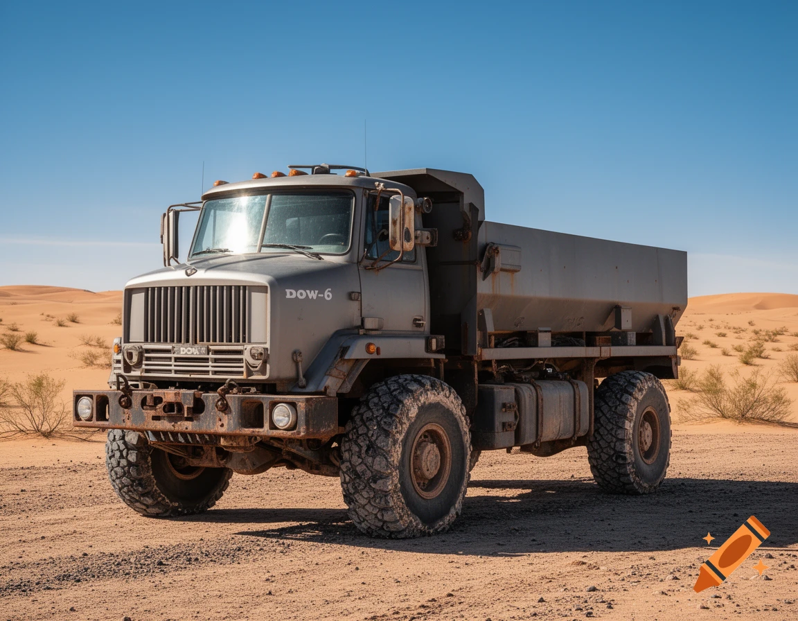 A large grey military-style truck with thick tires, bearing "DOW-6" on its side, parked in a sandy desert under a clear blue sky.