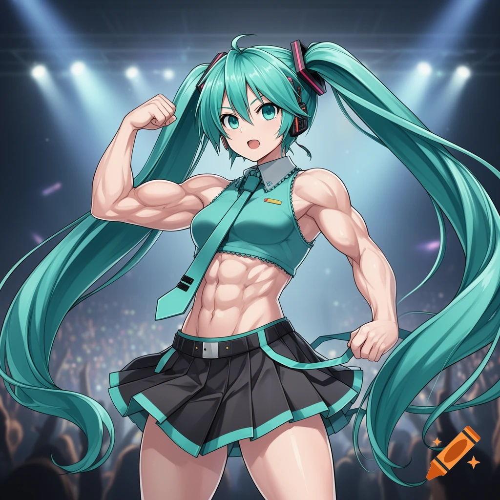 Hatsune Miku, an anime character, flexes her muscular biceps and abs on a brightly lit stage.