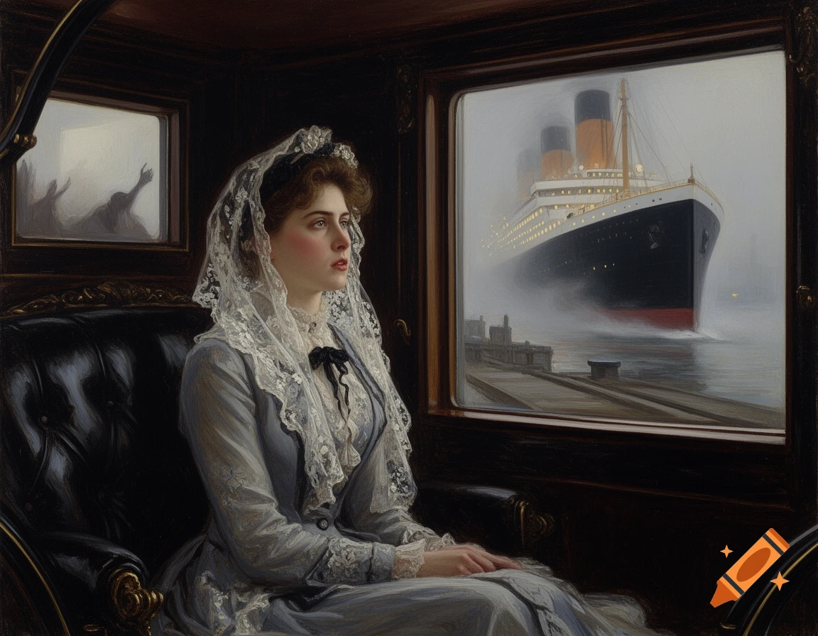 A woman in an Edwardian dress with a lace veil sits in a carriage, looking out a window at the Titanic in foggy docks, oil painting.