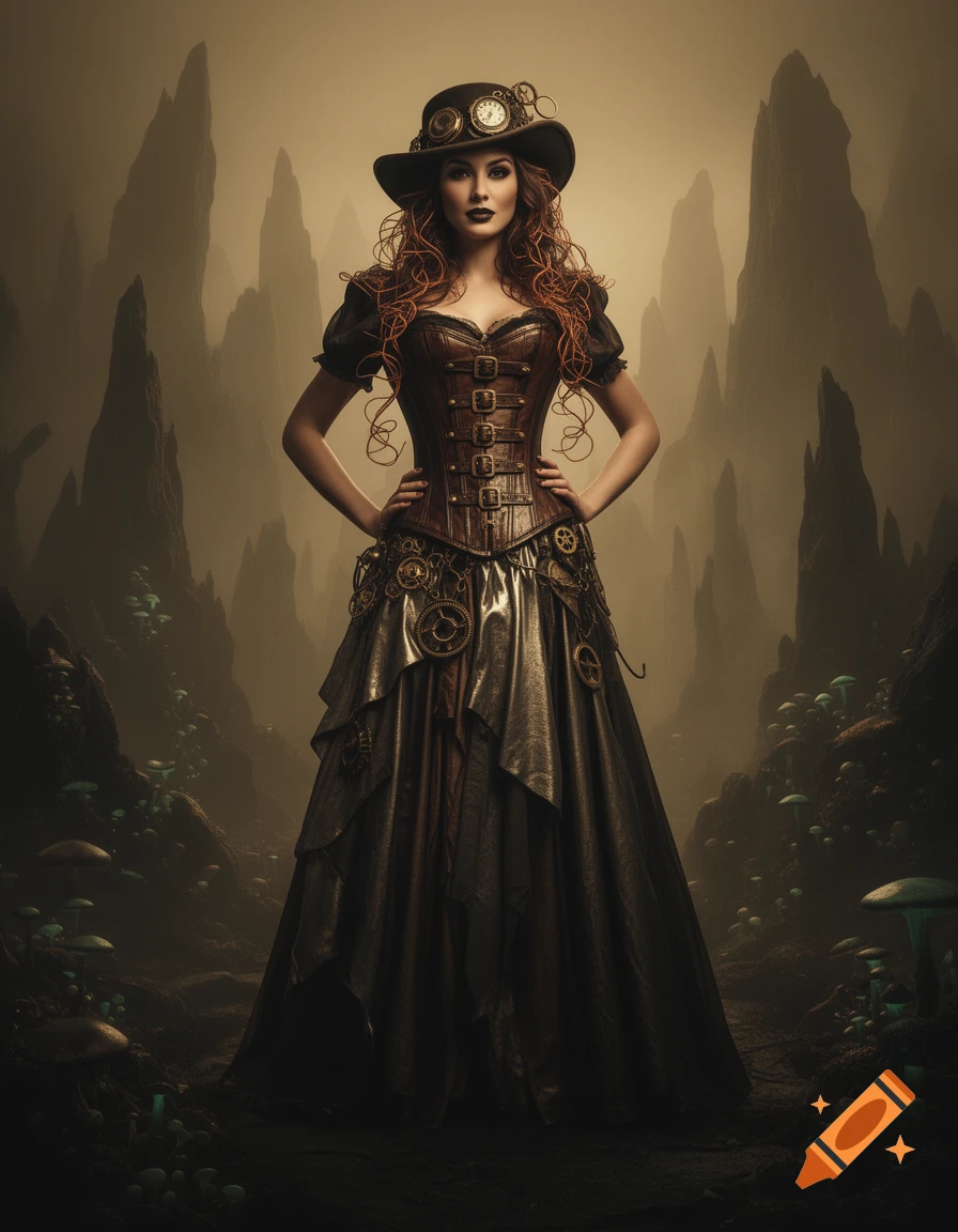 A woman in a detailed steampunk corset and hat stands in a misty fantasy landscape with glowing mushrooms.